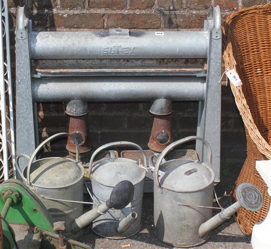 3 watering cans & greenhouse heater